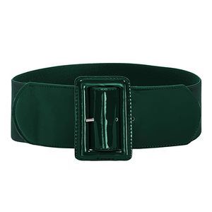 Wide Elastic Patent Buckle Belt in Dark Green